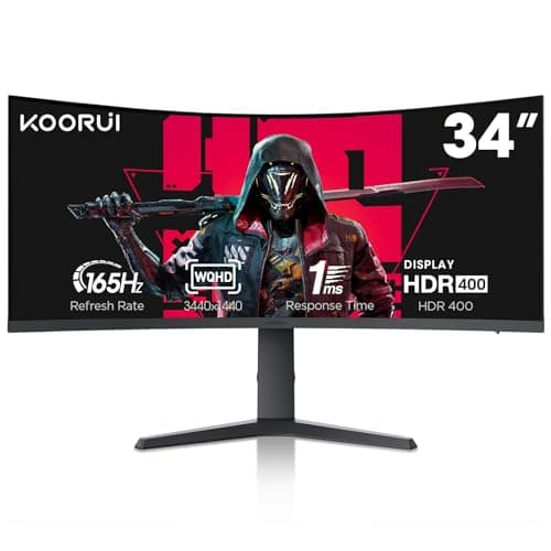 KOORUI 34-inch Ultrawide Curved WQHD 3440×1440 Gaming Monitor, 165Hz 144Hz Curved 1000R- PIP/PBP, 1ms(MPRT) with DisplayHDR 400, FreeSync Premium, 75 * 75mm VESA, HDMI/DisplayPort, 34E6UC