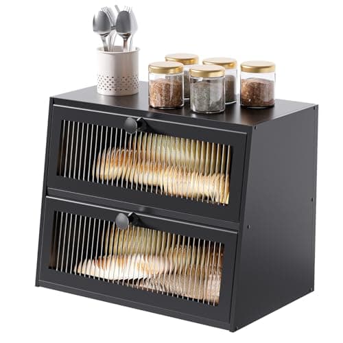 JUATPNIY Bread Box for Kitchen Countertop,Extra Large 2 Layer Breadbox Wooden Farmhouse Bread Storage Container Bread Bin Bread Holder Food Organizer Pantry Shelf Acrylic Window(Black)