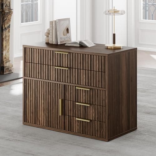 Perledesign Fluted File Cabinet with 5 Drawers, Large Storage with Cabinet Door, Mobile Filing Cabinet with Locable Wheels for Home Office, Black Walnut