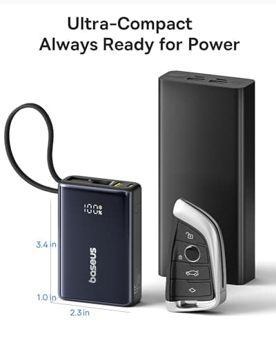 Baseus Power Bank, Picogo 10000mAh 45W 3-Output Portable Charger with Built-in USB-C Cable, PPS/PD QC Fast Charging External Battery Pack for iPhone 17/16/15/14/13, Samsung S25/S24, MacBook Pro, iPad 2