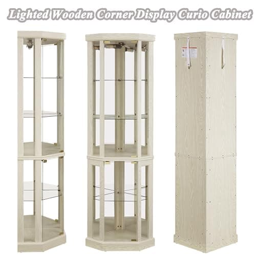 XZTUAJ 69" H Lighted Curio Cabinet Corner Display Case, Corner Glass Case with Adjustable Shelves and Tempered Glass, Wooden Curio Cabinet w/Mirrored Back Pane for Living Room 9