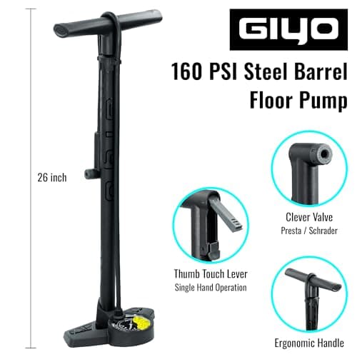 GIYO Bike Floor Pump - 3" Dual Scale Gauge - Road & MTB | One Handed Operation -Clever Valve for Presta & Schrader | Max 160PSI Steel Barrel (GF27) 5