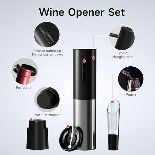 Electric Wine Opener, Automatic Wine Bottle Corkscrew with Air Pump, Foil Cutter, Pourer, Vacuum Stoppers (4PCS)， Professional Easy Rechargeable Vino Opener Set Suitable for Home, Travel 2