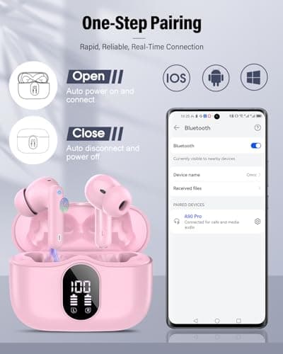 Btootos Wireless Earbuds, Bluetooth 5.4 Headphones Bass Stereo, Ear Buds with Noise Cancelling Mic, IP7 Waterproof in Ear Earphones, 36H LED Display Bluetooth Earbuds for Laptop Pad Phones, Deep Pink 6