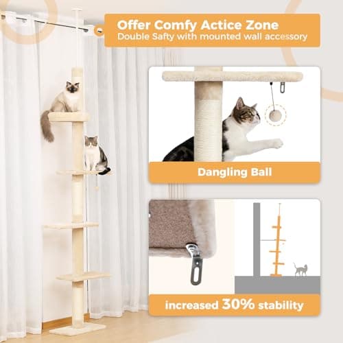 PETEPELA Floor to Ceiling Cat Tree, Cat Tower 5-Tier Height(95-107 Inches) Adjustable, Tall Cat Climbing Tree Featuring with Scratching Post, Cozy Bed,Interactive Ball Toy for Indoor Cats/Kitten Beige 5