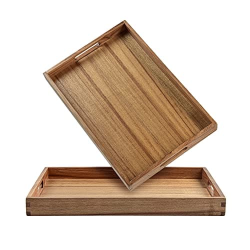 KITEISCAT Acacia Wood Serving Tray with Handles (Set of 2)- 17-Inch Decorative Wooden Tray - Perfect for Breakfast, Lunch, Dinner, Ottoman, Coffee Table - Living Room and Couch Tray