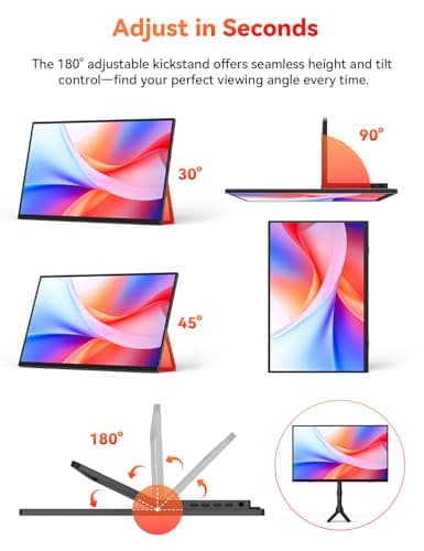 HotYeah Portable Monitor, 15.6-in 1080P FHD Laptop Monitor USB-C HDMI External Computer Display HDR FreeSync IPS w/Kickstand & Speaker, 2nd Screen for Laptop PC Mac Phone Tablet Switch PS5 Xbox 6