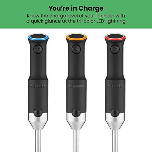 Chefman Cordless Power Portable Immersion Blender, Ice Crushing Power with One-Touch Speed Control, USB Charging, Quickly Mixes Smoothies, Purees Soups, Dips, Sauces, Storage Case, Stainless Steel 6
