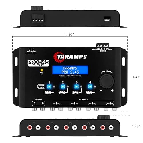Taramp's Pro 2.4S DSP Crossover full Digital Signal Processor and Equalizer with sequencer 15-band Graphic Equalization 12 preset EQ 2-Channel in and 4-Channel Out 8