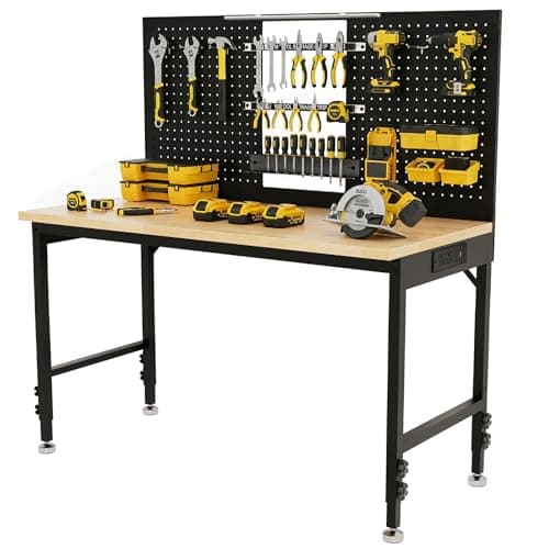 47.2'' Work Bench with Tool Holders, Adjustable Height Workbench with Pegboard, LED Light, Max Load 2000 LBS Work Table, Built-in Power Strip, Heavy Duty Tabletop for Woodworking Shop, Garage, Office