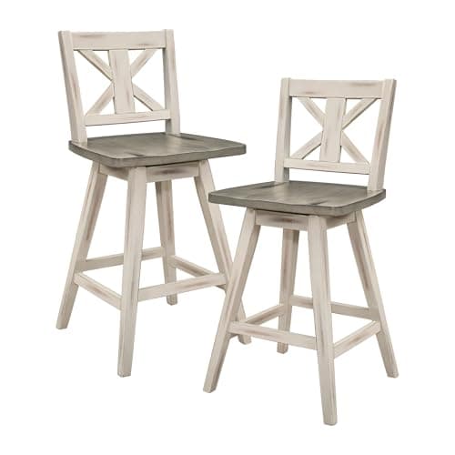 Lexicon Counter Height Stools Set of 2-Solid Wood Frame 360° Swivel Wooden Stools, Foot Rest, X Back, Wide Seat, Distressed Farmhouse Easy to Clean Finish, 24" SH, Antique White/Grey