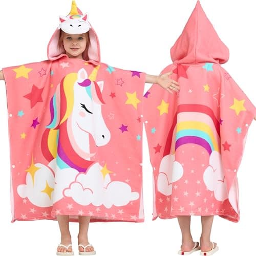 Joiedomi Kids Beach Towels with Hood for 3-10 Years Boys Girls Unicorn Hooded Toddler Bath Towel Poncho Absorbent Quick Dry Soft Microfiber Swim Robe with Backpack Lightweight 30"x30" for Beach Pool