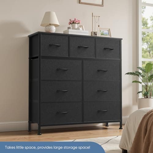 DUMOS 9 Drawer Dresser for Bedroom, Fabric Storage Organizer with Sturdy Metal Frame, Wooden Top Chest of Drawers for Closet Entryway Guest Room,Matte Black 7