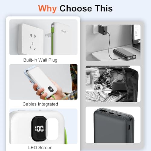 Portable Charger with Built in Cables and Wall Plug, 12000mah Slim Fast Charging USB C Power Bank, Travel Essential Battery Pack Compatible with iPhone 16/15/14/13, Android Phone etc (Black) 5