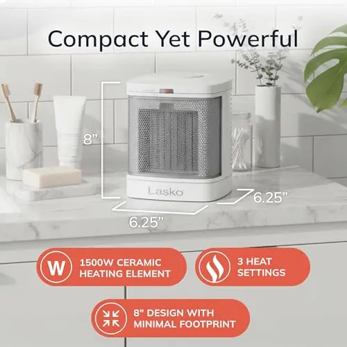 Lasko Portable Electric Ceramic Space Heater with ALCI Plug for Bathroom Use, 2 Heat Settings and Simple Heat Button, 8 Inches, White, 1500W, CD08200 6