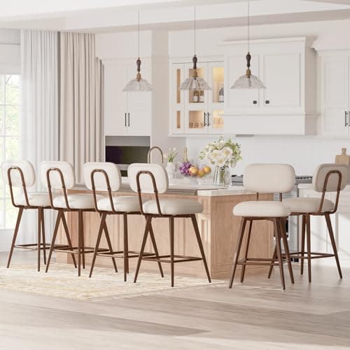 MALOL 26“ Swivel Bar Stools Set of 4, Mid Century PU Leather Counter Height Bar Chairs with Low Back and Metal Legs, Modern Bar Stool Chair for Kitchen Island, Beige 10