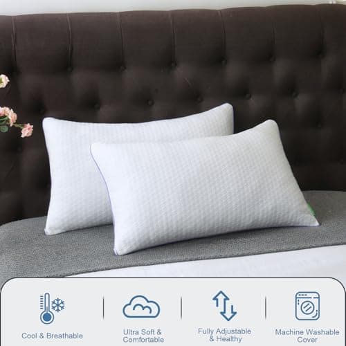 Favorland Cooling Bed Pillows Queen Size Set of 2 - Shredded Memory Foam Pillows for Sleeping 2 Pack - Gel Pillow Adjustable Firm Pillow Soft Pillows for Side Back Stomach Sleepers 7