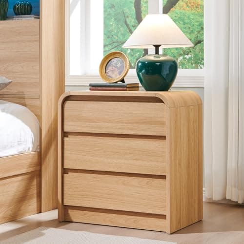 Aitjunz 25" Tall Modern Nightstand with Charging Station, 23.6'' Wide Wood Bedside Table w/3 Storage Drawers, Small Dresser w/Curved Profile Design, End Table for Bedroom, Natural Oak 6