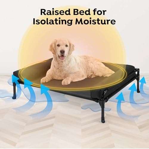 Veehoo Elevated Raised Dog Bed-Cooling Outdoor Dog Cot Bed for Large Sized Dogs Three-Sided Fence Raised Pet Cot with Mesh & No-Slip Feet Dog Hammock Bed with Removable Bolster-41 x 27" Black 6
