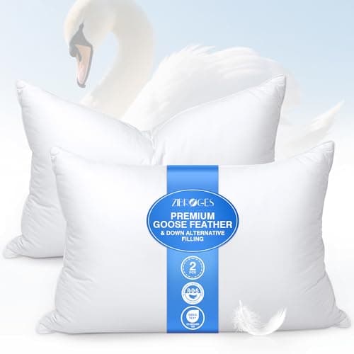 zibroges Feather Goose Pillows Queen Size Pack of 2 - Down Bed Hotel Pillow for Sleeping, Soft 600 Thread Count Cotton Cover, Fluffy Support Surround Fill Polyester for Side, Stomach, Back Sleepers