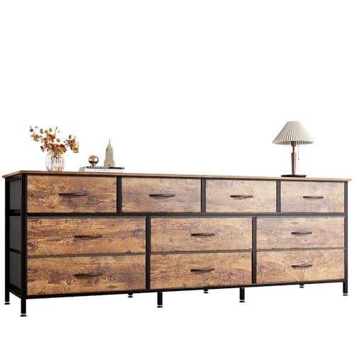 Huuger 63 Inch Dresser for Bedroom, Long Dresser with 10 Fabric Drawers, TV Stand for 55, 65, 70 Inch TV, Toy Storage Organizer for Closet, Rustic Brown