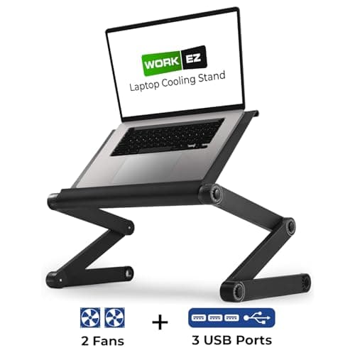 WorkEZ Executive Laptop Cooling Stand, Adjustable Desk for Bed, Foldable with 2 Fans & 3 USB Ports, Computer Lap Desk, PC Holder for Bed, Ergonomic Table Stand, Home Office Supplies, Black 9