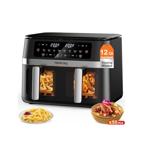 HoninJoy 12QT Large Dual Basket Air Fryer with Viewing Window and 50pcs Paper Liners, 10-in-1 Digital Touchscreen Double Zone Air Fryers, SyncCook to Bake,Roast,Reheat,Broil, Nonstick Dishwasher Safe