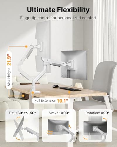 monTEK Sleek Aluminum Monitor Arm for 17–57” Ultrawide Screens up to 59.4 lbs, USB 3.0 A/C, Heavy Duty Single Monitor Arm Desk Mount, Pneumatic Lift, Quick-Release Plate, Clamp/Grommet, VESA 100x100 5