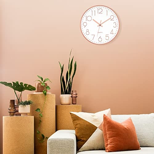 Foxtop Modern Wall Clock 12 Inch Non-Ticking Silent Battery Operated Round Quartz Rose Gold Wall Clock for Office Bedroom Living Room Kitchen Home School Decor 8