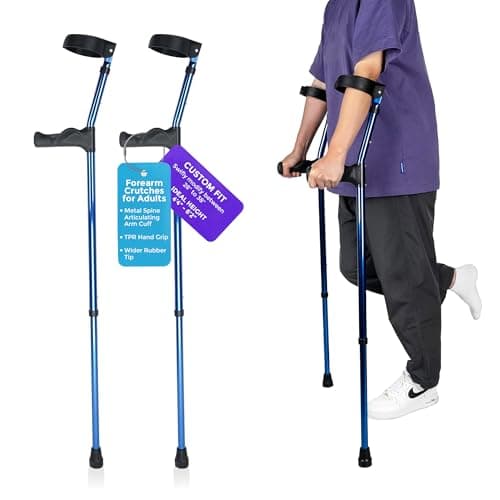 Forearm Crutches for Adults - Pair of Crutches with Metal Spine Articulating Arm Cuff TPR Ergonomic Hand Grip & Wider Rubber Tip for Broken Foot or Leg Injuries, Lightweight & Comfortable Leg Support