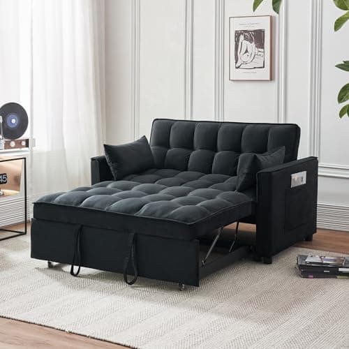 ECHINGLE 54.8'' Sleeper Sofa Bed 3-in-1 Convertible Couch with Pullout Bed, Reclining Backrest, Storage Pockets – Modern Space Lounge Furniture for Living Room, Includes Toss Pillows,Black