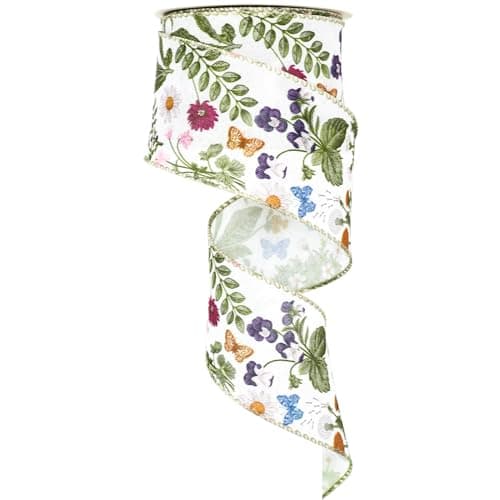 JarThenaAMCS Green Wildflower Wired Edge Ribbon Wild Floral Craft Ribbon Retro Fabric Ribbon for Spring Wreath Bow Making DIY Crafts Wrapping Party Decor Supplies, 12 Yard