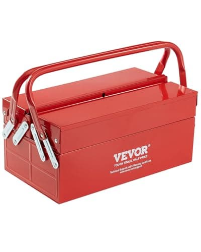 VEVOR Metal Tool Box, 14-inch, 2-Tier 3-Tray Portable Folding Tool Chest Organizer with Handle & Lock Hole, Powder Coated Steel, Cantilever Toolbox for Household Factory Warehouse Repair Shop, Red