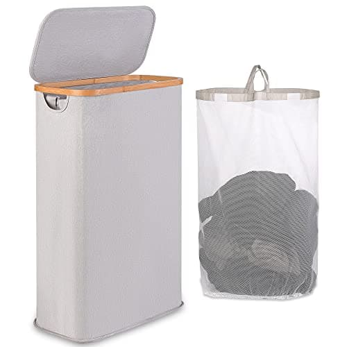 iEGrow 60L Slim Laundry Hamper With Lid, Foldable Clothes Basket with Bamboo Handles and Removable Inner Bag, Light Grey