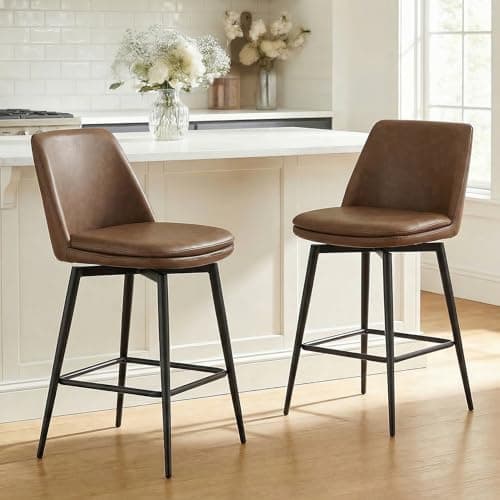 CHITA Swivel Bar Stools, 27.2" Counter Height Bar Stools Set of 2, FSC Certified Upholstered Modern Counter Stools, Metal Legs, Faux Leather, Saddle Brown