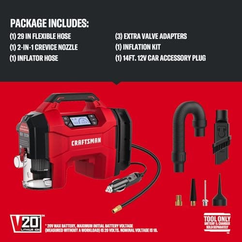CRAFTSMAN 3-in-1 Tire Inflator, 160PSI Portable Air Compressor/Car Vacuum/Dust Blower, 20V Cordless & 12V Car Power, Air Pump with LED Light for Cars Trucks RV Tires (Battery Sold Separately) 8