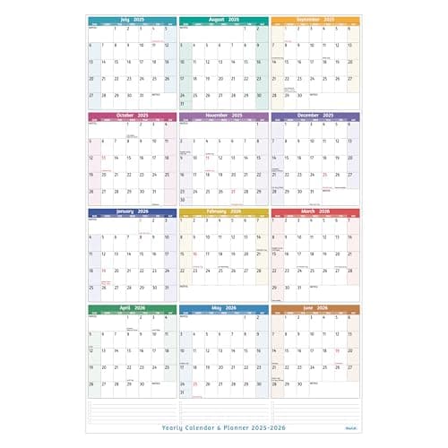Yearly Wall Calendar 2025-2026 - Large Yearly Calendar 2025-2026, Jul 2025 - Jun 2026, 25.2'' x 38.2'' (Open), Wall Calendar 12 Months, with To-do Lists, Notes, Stickers, All At One Page