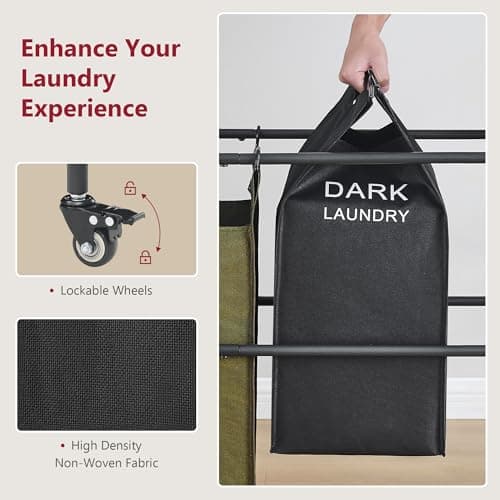 Tajsoon Laundry Sorter Cart with Hanging Clothes Rack, 4 Butler Sorter Basket Organizer, Laundry Hamper Cart with Heavy Duty Rolling Lockable Wheels, 4 Colors 7