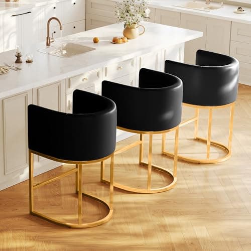 LVHOMLAX Modern Counter Height Bar Stools,Bar Stools Set of 3,PU Leather Upholstered Barrel Barstools with Backs,26'' Kitchen Island Chairs,Metal Gold Frames,Black Leather