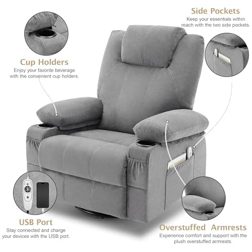 Weture Swivel Rocker Recliner Chair with Heat and Massage, 360 Degree Swivel Rocking Single Sofa with Cup Holders and USB Port, Big Oversized Recliner Chair for Living Room (Fabric, Light Grey) 6
