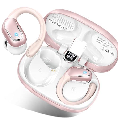 Wireless Earbud Bluetooth 5.4 Headphones 75Hrs Playtime, 2025 Bluetooth Earbuds Deep Bass Noise Cancelling Mic, Over Ear Bud with Sport Earhooks, IPX7 Waterproof LED Display, Button Control, Rose Gold