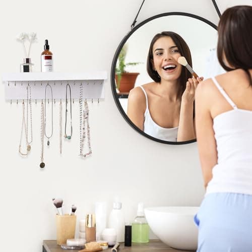 CCINPPY Necklace Holder Wall, Jewelry Holder Organizer Wall with 30 Jewelry Hooks and Shelf, Wooden Hanging Necklace Hanger Organizer Wall Mount for Necklaces Bracelets, and Chains White 4