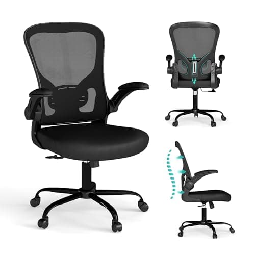 Flysky Mesh Office Chair, Ergonomic Computer Desk Chairs for Home Office - with Comfy/Comfortable Flip-up Arm Rests, Lumbar Support, Height Adjustable, 360 Degree Rolling Swivel (Black)