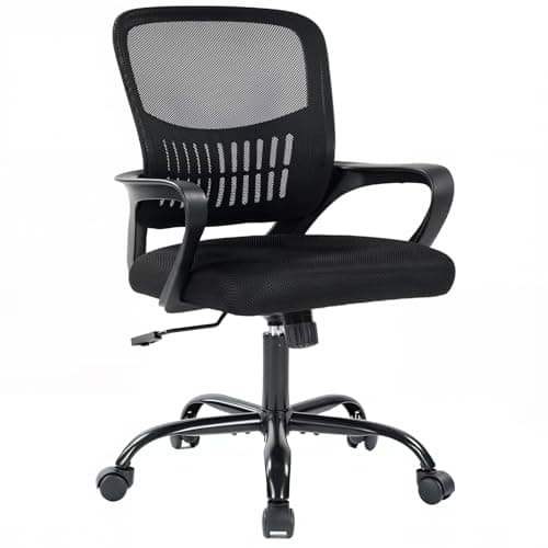 DUMOS Home Office Computer Chair - Ergonomic Mid Back Desk with Lumbar Support and Rocking Mode, Height Adjustable with Fixed Armrest, for Conference Meeting Room, 360° Swivel, Adults, Black