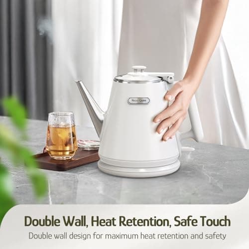 Hazel Quinn Electric Kettle - 1L/34oz Small Tea Kettle, 800W Fast Boil, All 304 Stainless Steel Interior, Double Wall for Cool Touch and Thermal, Auto Shut-Off, BPA-Free, Cordless - Pearl White 6