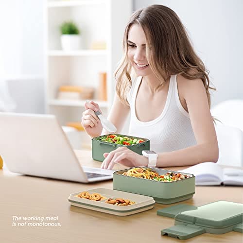 JSCARES Stainless Steel Bento Box Adult Lunch Box, 3 Stackable Bento Lunch Containers, Portable Modern Style Adult Bento Box, Leakproof 51OZ Bento Lunch Box for Kids and Adults (Green) 7