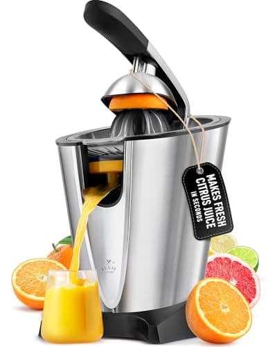 Zulay Electric Citrus Juicer - Makes Fresh Orange, Lemon, Grapefruit, Lime Juice - Stainless Steel, 160W Powerful & Quiet, Interchangeable Cones -Filters Out Seeds & Pulp- Dishwasher Safe Parts- Black