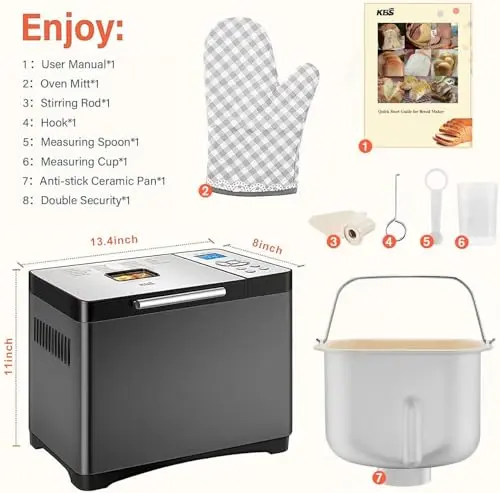 KBS 19-in-1 Programmable Bread Maker,2LB Large Bread Machine Stainless Steel with Sourdough,Gluten-Free,Nonstick Ceramic Pan,650W Bread Maker Machine with 15H Timer&1H Keep Warm,3 Crust Colors,Recipes 8