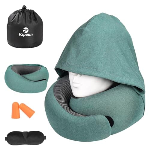 Vzpeun Travel Pillow - Hooded Neck Pillow Airplane Memory Foam Filling for Plane, Office, Cars Sleeping, Road Trip, Long Flights, Portable Plane Accessories, Includes Eye Mask & Earplugs (Green) 8