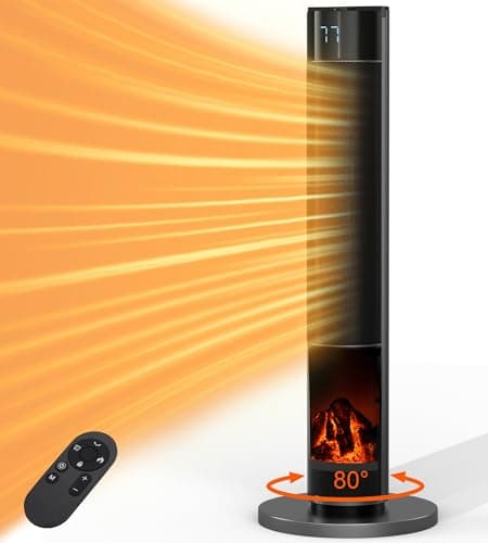 Space Heater, 1500W Portable Electric Room Heater with Remote, Adjustable Thermostat, Timer, Tip-over Protection, 80° Oscillating 34 Inch Tower Heater for Office, Bedroom, 6ft Power Cord